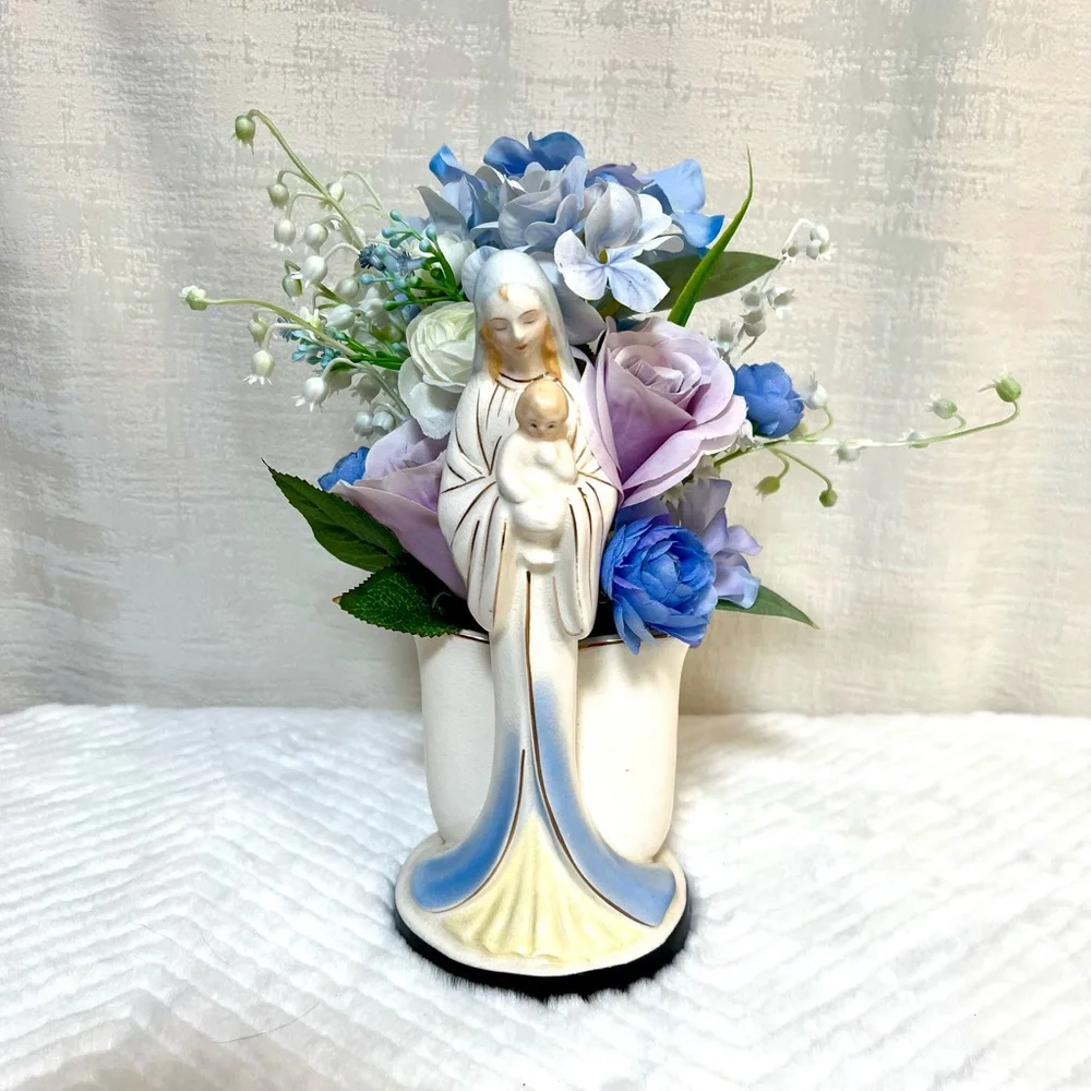 Mother Mary Holding Baby Jesus EUC Hand Painted Ceramic Silk Floral Arrangement